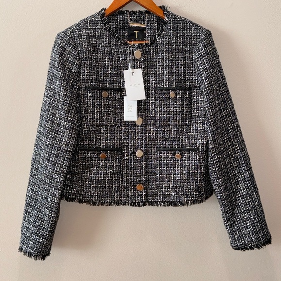Ted Baker NWT Klaudi Metallic Bouclé black white Tweed Fringe button up Jacket 4 - Picture 12 of 14
